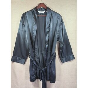 VTG Victoria's Secret Open Heart Robe Women's OS Black Satin Tie Waist Kimono